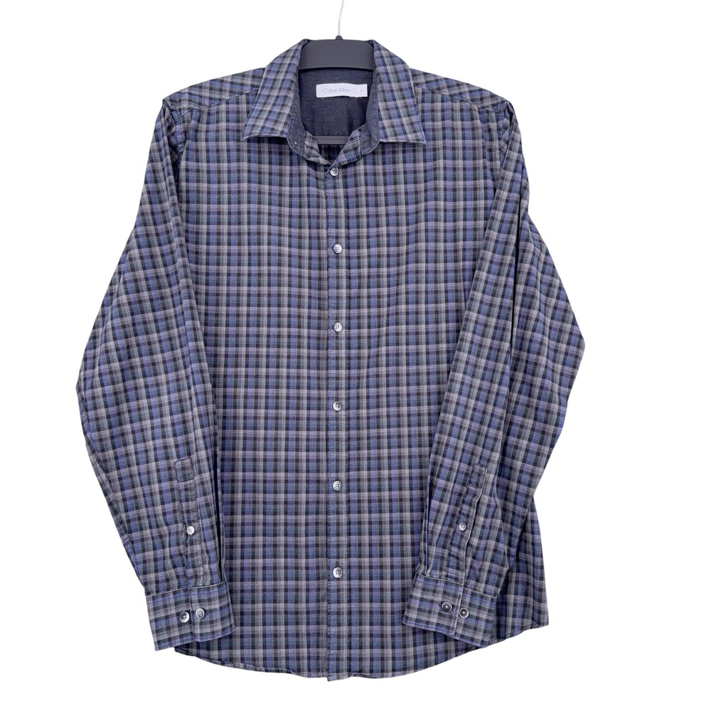 Calvin Klein Button Down Shirt Mens M 100% Cotton Plaid Blue Grey Black